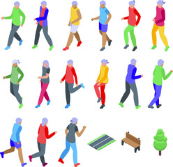 Elderly people running in the park icons set isometric vector. Nature senior. Family man