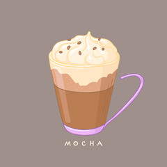 Mocha coffee vector illustration. Beautiful mug with coffee and cream .