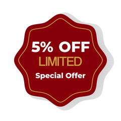5% off inscription Special offer Limited vector illustration with red abstract figure on white background