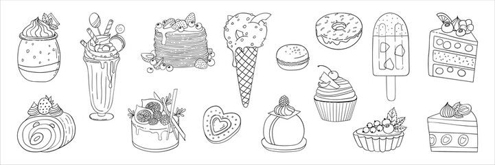 Black and white set of delicious sweets and desserts in sketch style. Vector sweet food illustration set.