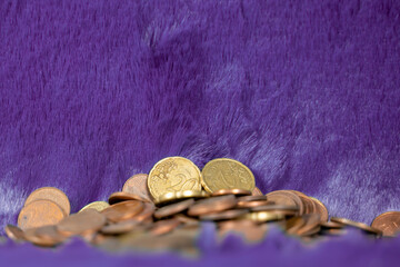 pièces de monnaie en euros en tas devant une fourrure violette