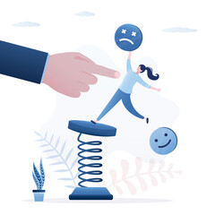 Female office employee falls from unbalanced steel spring. Psychological problems, difficulties at work. Boss hand points to frightened clerk. Responsibility, burnout. Mental burden.