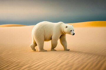 ours blanc au milieu du désert pour symboliser le réchauffement climatique - illustration ia - obrazy, fototapety, plakaty