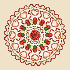 Round pattern with heart, beads, spiral ribbon, streamer, halftone shapes, rose. Vector ornament for wedding, engagement event, Valentines Day, gift decoration, prints, clothing, plate, surface design