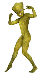 3D Rendering Green Alien on White