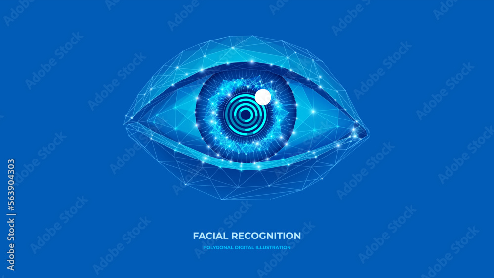 Poster Identification. Polygonal wireframe eye . Technology face recognition and data security concept. Geometric digital vector background. eps 10