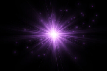 The star burst with brilliance, glow bright star, purple glowing light burst on a transparent background, violet sun rays