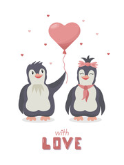 Cute cartoon falling in love penguins for Valentine greeting card. Vector characters with a balloon in the form of a heart