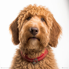 portrait of an adorable red goldendoodle dog, on white background