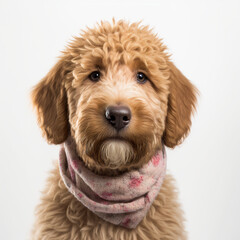 portrait of an adorable red goldendoodle dog, on white background