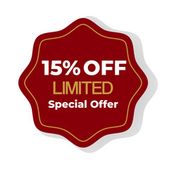 15 % off inscription Special offer golden color Limited  with red abstract figure on white background. Vector illustration