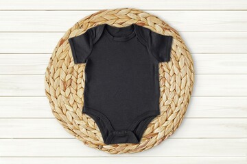 Black baby bodysuit mockup, blank cotton newborn baby bodysuit for design presentation, bohemian...