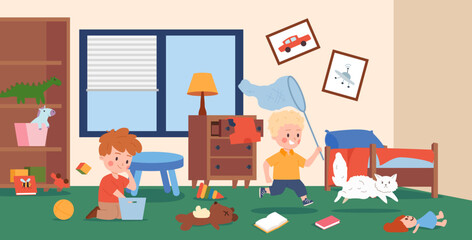 Messy kids playing in bedroom with toys, cartoon flat vector illustration.
