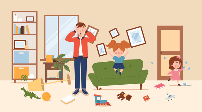 Parent horrified by the mess made by naughty children flat vector illustration.