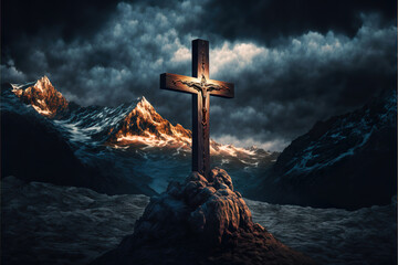 christian catholic cross on the hills, generative ai