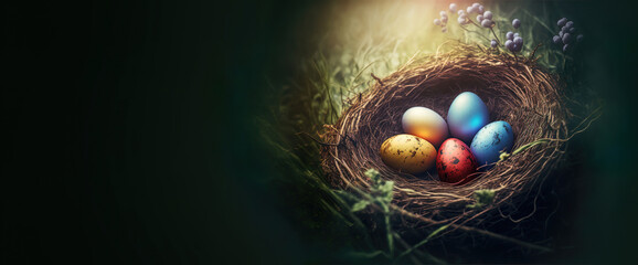 colorful easter eggs in nest, generative ai