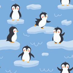 Cute penguin cartoon characters in seamless pattern flat vector illustration.