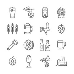 Fototapeta Beer line icon set. Vector collection symbol with mug of beer, hop cone, barley ear,  barrel, opener, bottle. Editable stroke. obraz