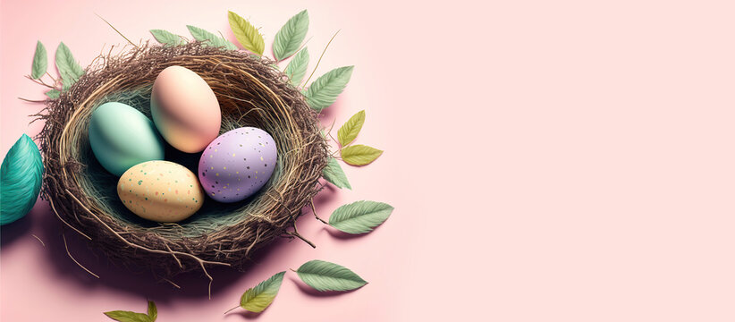 colorful easter eggs in nest, generative ai