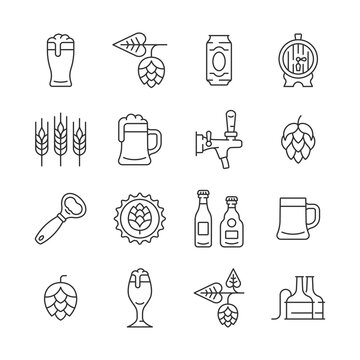 Beer line icon set. Vector collection symbol with mug of beer, hop cone, barley ear,  barrel, opener, bottle. Editable stroke.