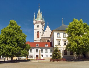 Fototapeta na wymiar Humpolec city center town square St. Nicholas Church