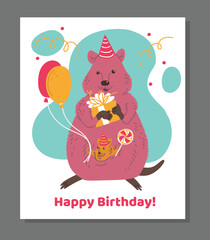 Birthday greeting card for kids with cute quokka - cartoon flat vector illustration.