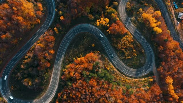 aerial footage of curved road on autumn, beautiful curved pass with vehicles and colorful autumn nature colors on trees with sunset light