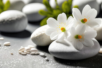 Product background, white stones and daisy blossom flowers