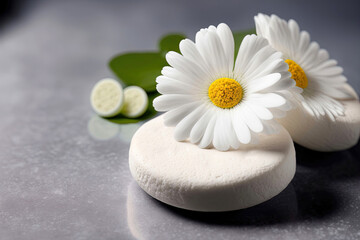 Product background, lime, white stones and daisy blossom flowers