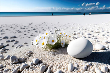 Fototapeta na wymiar Product background, beach and sea, white sand, white stones and daisy blossom flowers