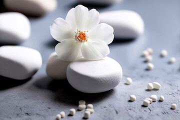 Product background, white stones and daisy blossom flowers