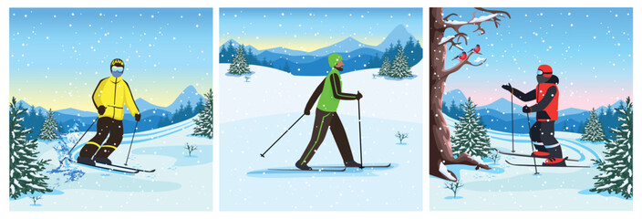 Set of vector illustration of a young man skiing in the mountains. Winter recreation and sports. active lifestyle. extreme sports.