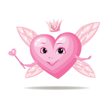 Pink heart with a cute smile in a crown, with wings and a magic wand. Happy Valentine's Day. Vector illustration in cartoon style.