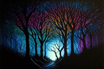 An illustration of a colorful fantasy forest at night. Enchanted fairytale with tree silhouettes. Generative AI