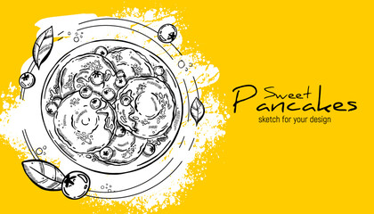 Hand-drawn sweet pancakes. Classic pancakes with berries and leaves. Sketches for decoration of premises, menus, advertising, for prints on clothes and for design of leaflets