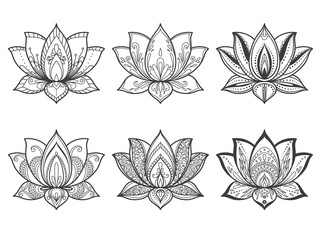 Collection of Sacred Lotus flower. Decorative ornament for coloring book. Illustration on transparent background