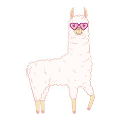 Cute llama with funny glasses. Illustration on transparent background