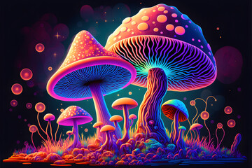 illustration of mushrooms psychedelic created with generative AI technology