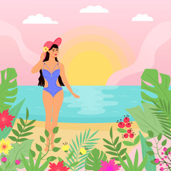 Obraz na płótnie Canvas Summer exotic seascape with woman in swimwear and hat. Tropical flowers and plants around. Beach scene.