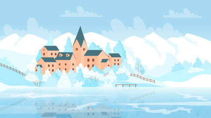 Fototapeta na wymiar Mountain winter landscape with European village vector illustration. Cartoon scenery with ice and frost snow on houses and water of alpine lake, forest trees and blue high mountains and hills
