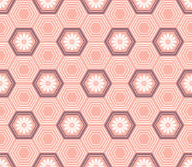 Japanese Flower Hexagon Line Vector Seamless Pattern