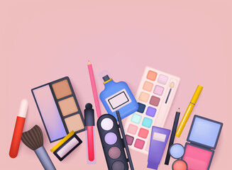 Cosmetics make up set, big collection makeup product, powder, lipstick, mascara, makeup brush, eye shadow. 3D Web Vector Illustrations.