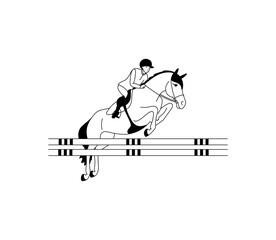 Black and white stylized illustration of an equestrian athlete and his horse during a competition