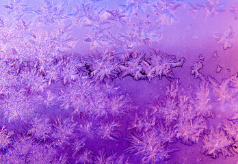 Frost patterns on a window in winter day (violet background)	