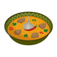 Aromatic Asian pilaf with lamb, rice and spices. Traditional Asian cuisine. Vector illustration. Cartoon.