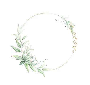 Watercolor floral freame with green and gold leaves.