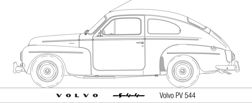 Sweden, year 1958, Volvo PV 544 silhouette, swedish vintage classic car outlined on the white background, illustration