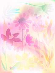 Fototapeta na wymiar Digital noise gradient background with flowers. Nostalgia, vintage, retro style for faded and dim filter. Foggy grain texture. Psychedelic, nature-inspired wallpaper in shades of pink color. Vector 