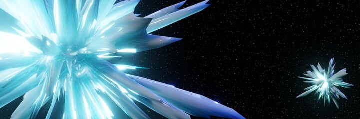 Abstract Digital Futuristic Glowing Crystals fly in space panorama Background 3D rendering