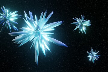 Abstract Digital Futuristic Glowing Crystals fly in space Background 3D rendering